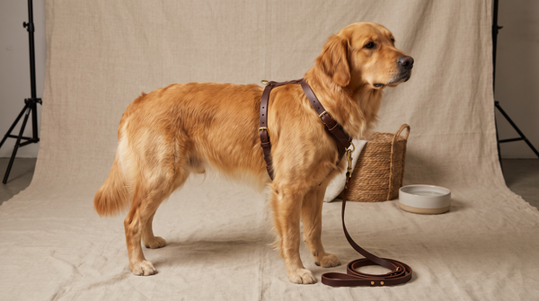 Leashes, Collars and Harnesses collection banner featuring a Golden Retriever wearing a harness and lead