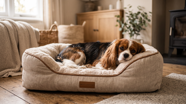 Beds and Bedding collection banner featuring a Cavalier King Charles Spaniel lying on a plush dog bed