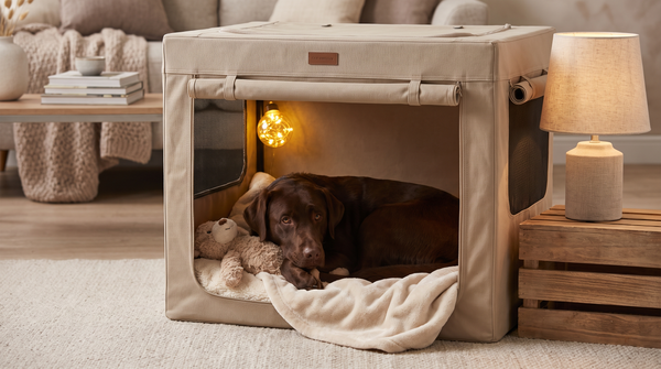 Crates collection banner featuring a chocolate Labrador Retriever in a fabric-covered crate