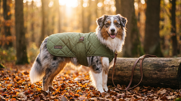 Clothing and Coats collection banner featuring an Australian Shepherd wearing a quilted coat