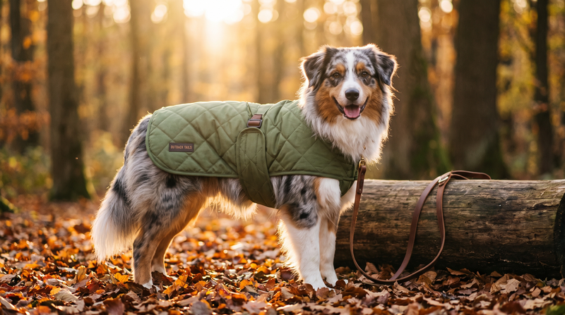 Clothing and Coats collection banner featuring an Australian Shepherd wearing a quilted coat