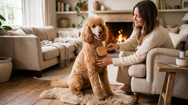 Grooming and Wellness collection banner featuring a Standard Poodle being groomed