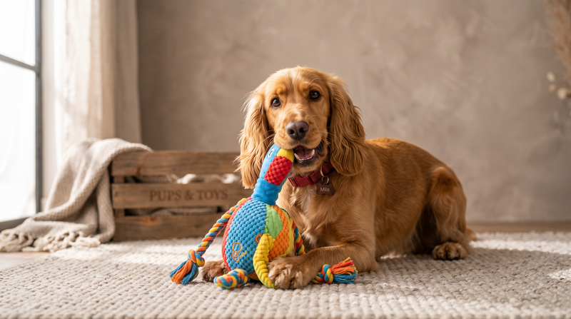 Toys collection banner featuring a Cocker Spaniel playing with a plush toy