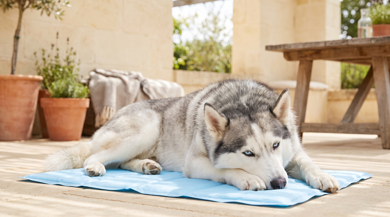 Cooling Mats collection banner featuring a Siberian Husky lying on a cooling mat
