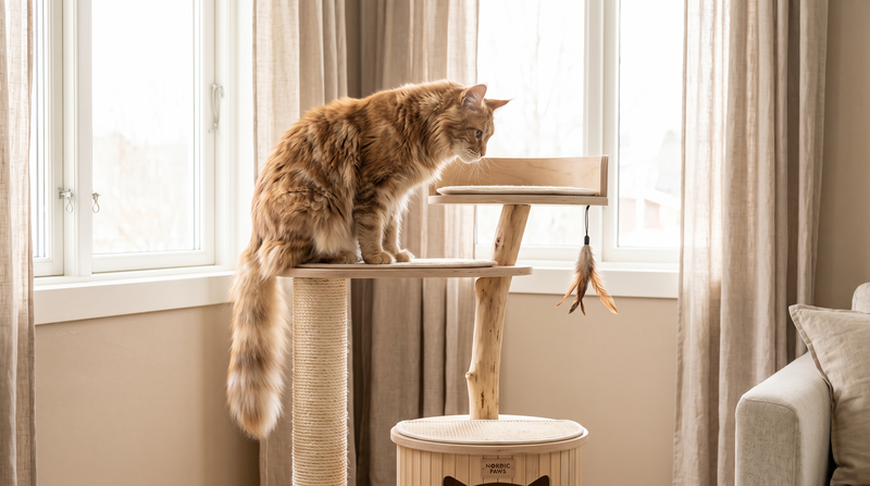 Scratchers and Cat Furniture collection banner featuring a Maine Coon cat on a scratching post