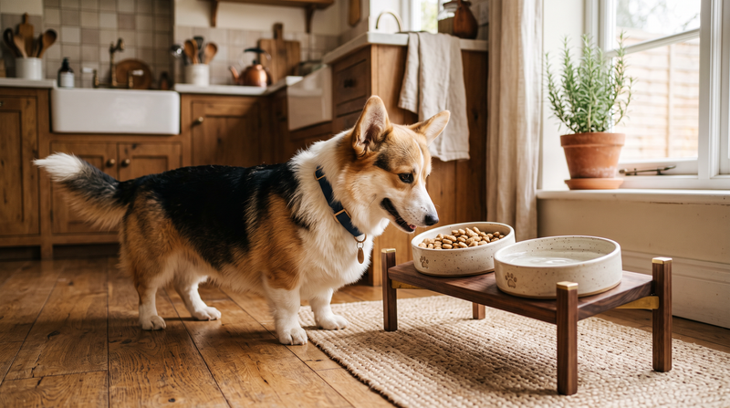 Feeding and Water collection banner featuring a Corgi at ceramic feeding bowls