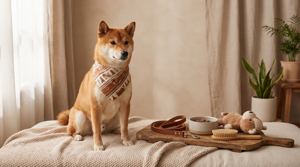 Accessories collection banner featuring a Shiba Inu wearing a bandana with pet accessories