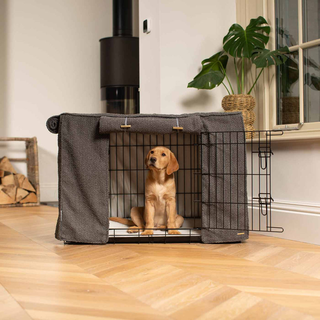 Vollständig gefütterte Hundeboxabdeckung Granit Bouclé Maschinenwaschbar Personalisiert