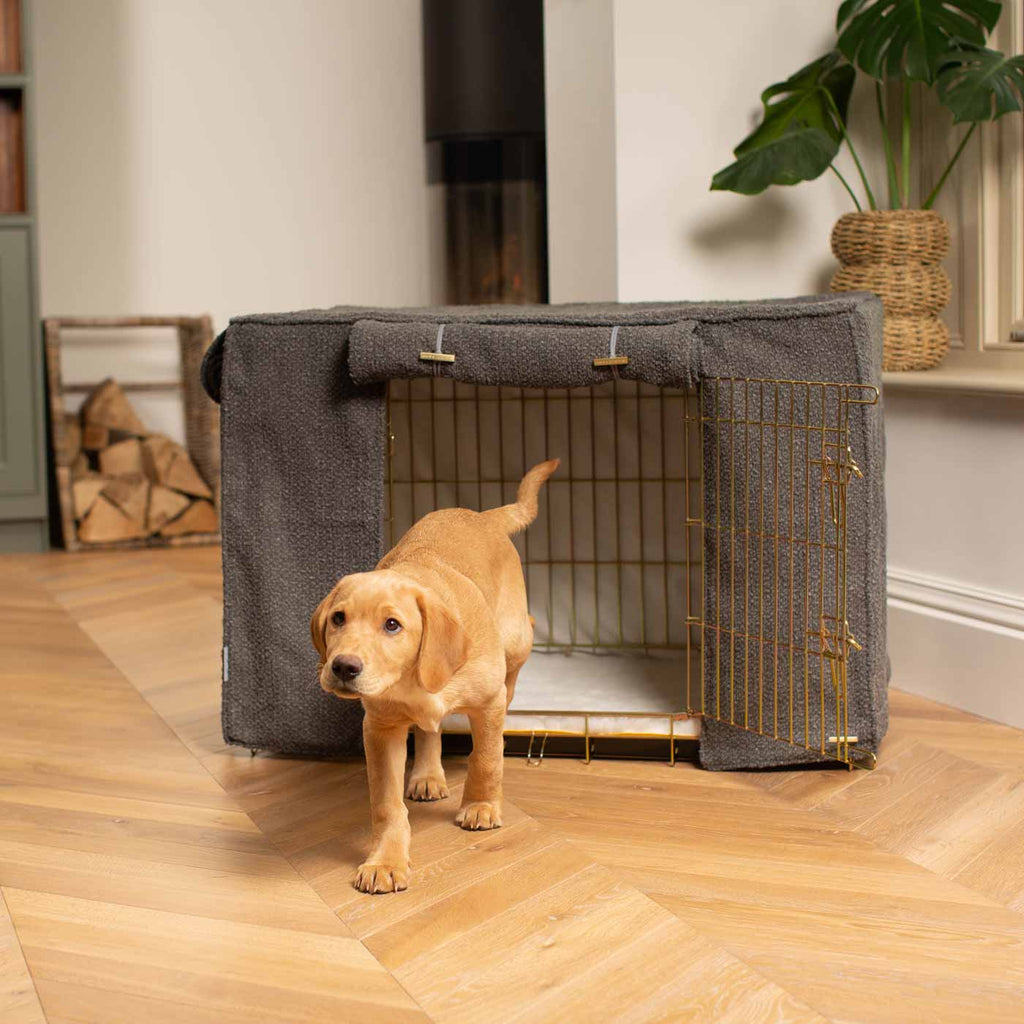 Vollständig gefütterte Hundeboxabdeckung Granit Bouclé Maschinenwaschbar Personalisiert