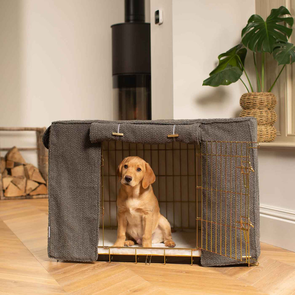 Vollständig gefütterte Hundeboxabdeckung Granit Bouclé Maschinenwaschbar Personalisiert
