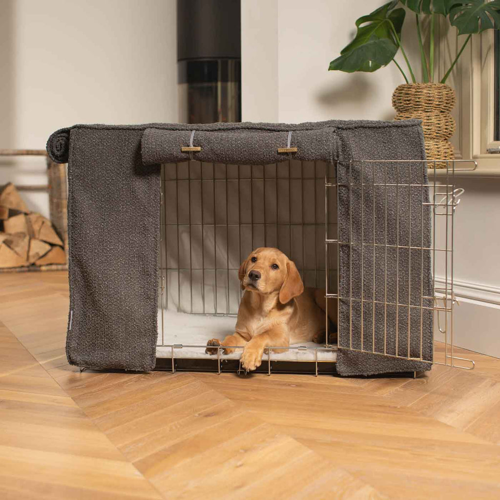 Vollständig gefütterte Hundeboxabdeckung Granit Bouclé Maschinenwaschbar Personalisiert