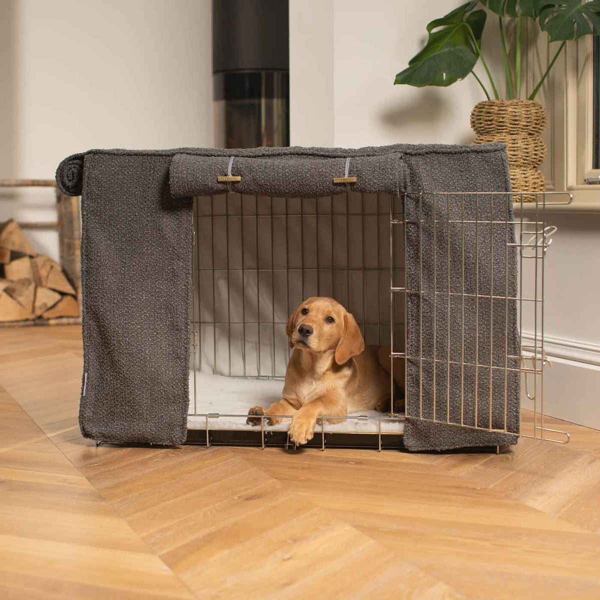 Vollständig gefütterte Hundeboxabdeckung Granit Bouclé Maschinenwaschbar Personalisiert