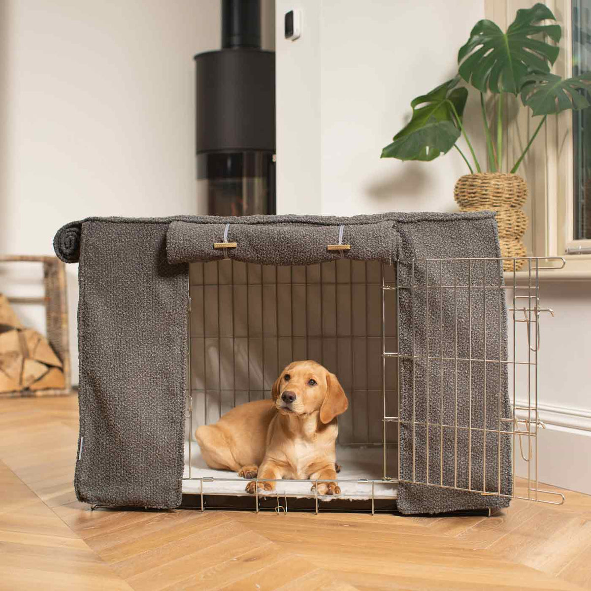 Vollständig gefütterte Hundeboxabdeckung Granit Bouclé Maschinenwaschbar Personalisiert