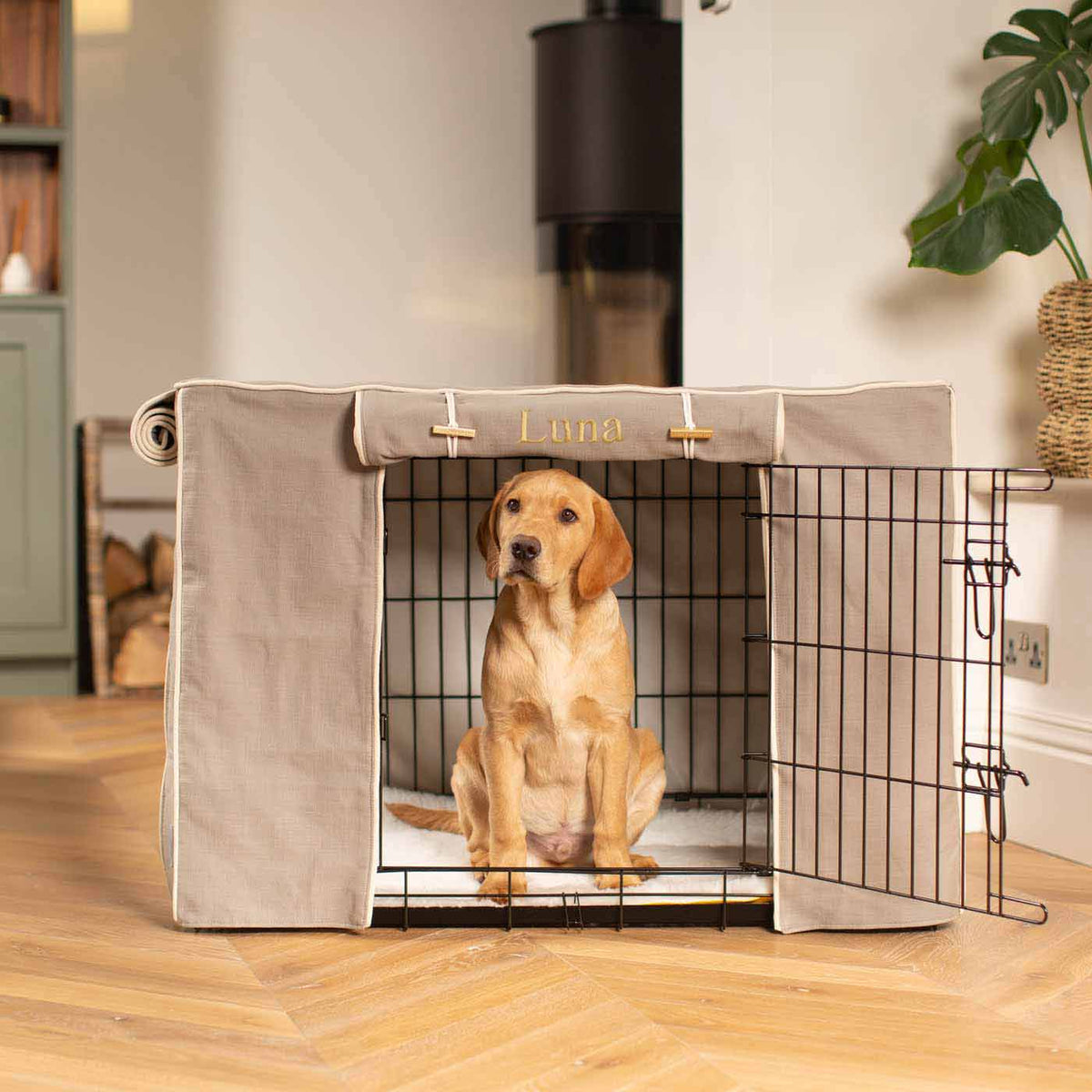 Fully Lined Cotton Dog Crate Cover Savanna Stone Eco Friendly Personalised