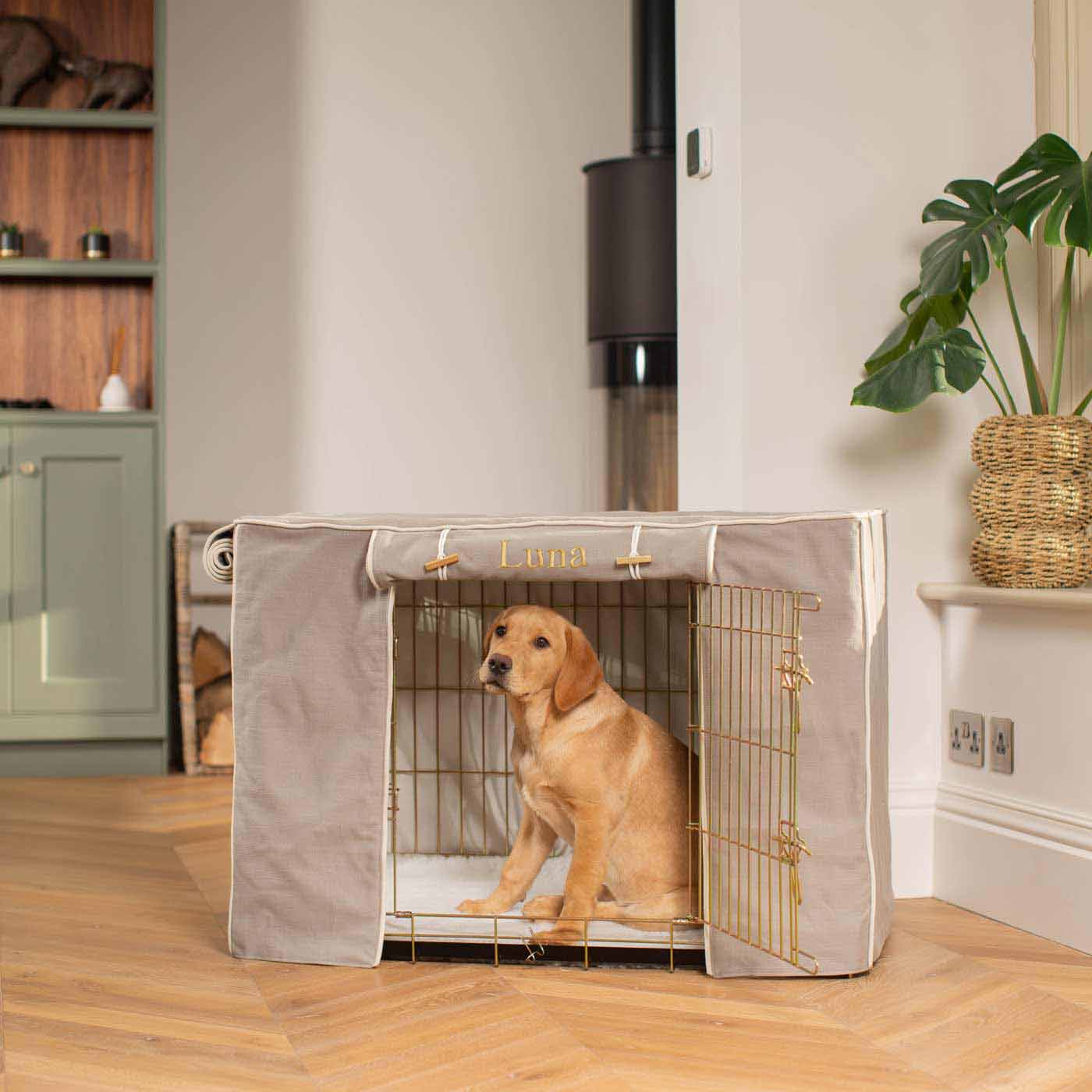 Fully Lined Cotton Dog Crate Cover Savanna Stone Eco Friendly Personalised