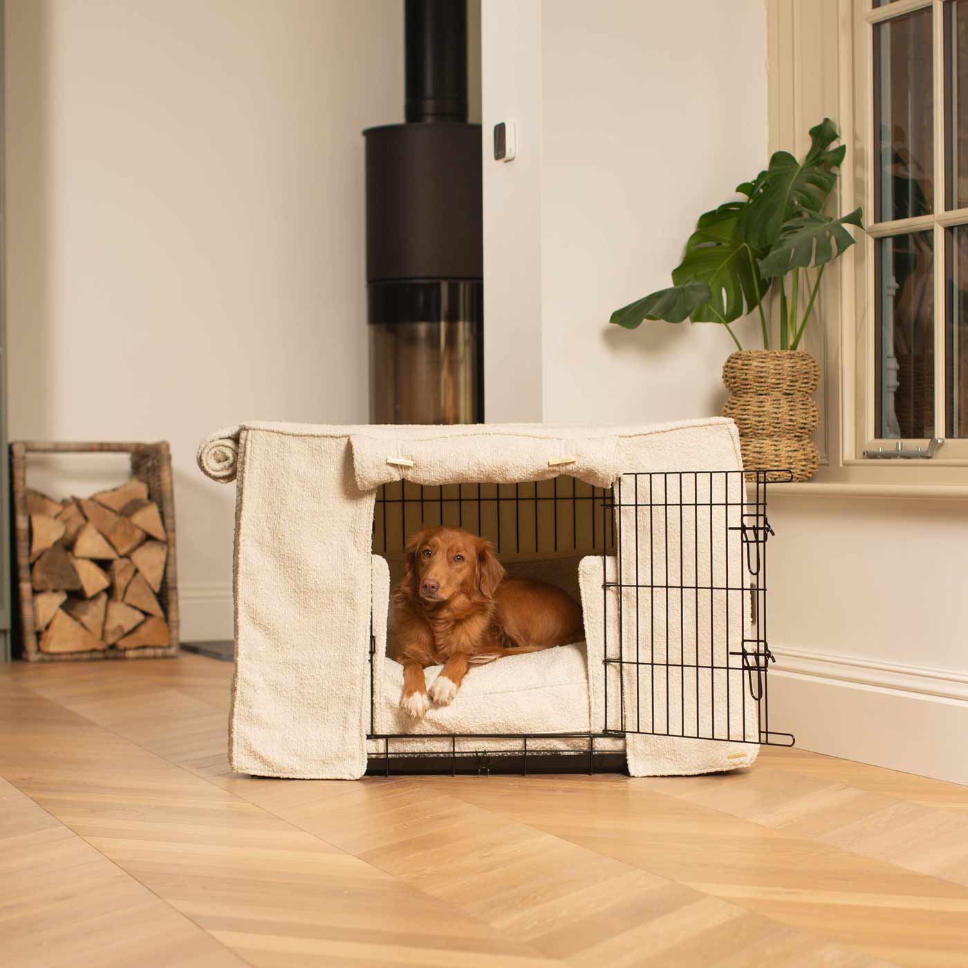 Dog Crate Set Ivory Bouclé Fully Lined Machine Washable Personalised