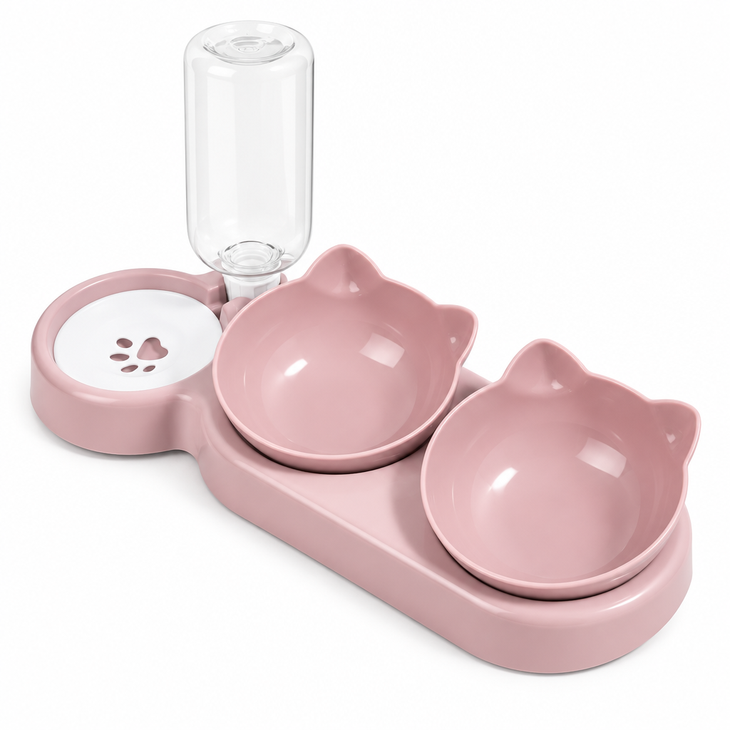 3-in-1 geneigtes Katzenfutter-Set mit Schwerkraft-Wasserflasche und automatischem Futterspender