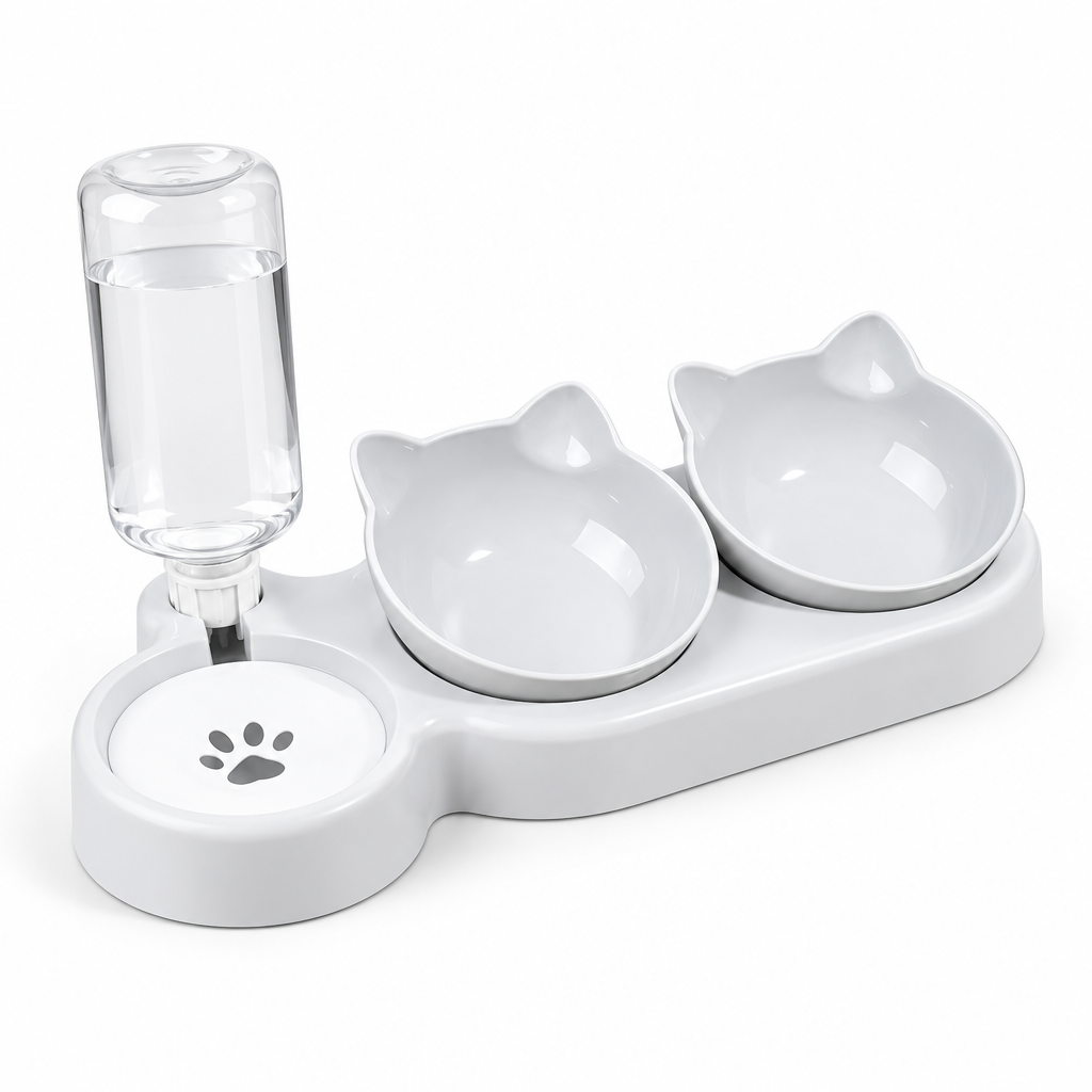 3-in-1 geneigtes Katzenfutter-Set mit Schwerkraft-Wasserflasche und automatischem Futterspender