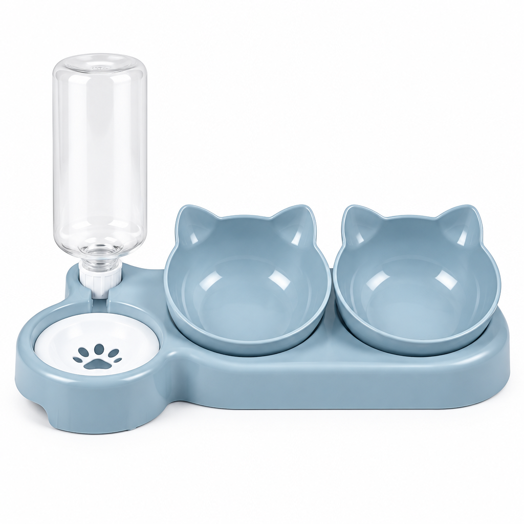 3-in-1 geneigtes Katzenfutter-Set mit Schwerkraft-Wasserflasche und automatischem Futterspender