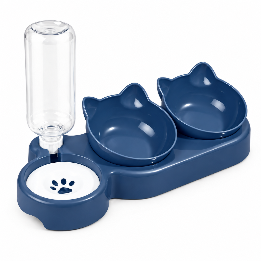 3-in-1 geneigtes Katzenfutter-Set mit Schwerkraft-Wasserflasche und automatischem Futterspender