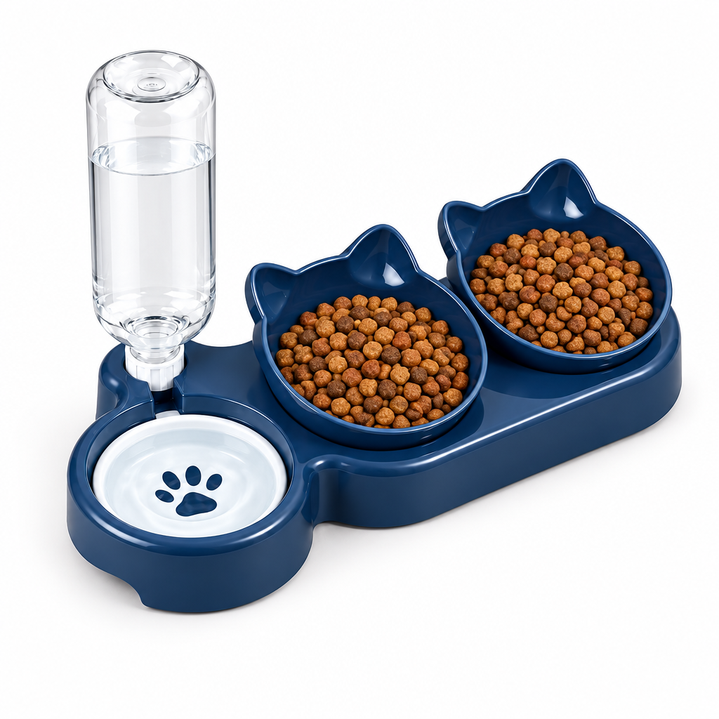 3-in-1 geneigtes Katzenfutter-Set mit Schwerkraft-Wasserflasche und automatischem Futterspender