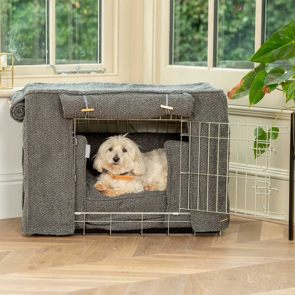 Vollständig gefütterte Hundeboxabdeckung Granit Bouclé Maschinenwaschbar Personalisiert