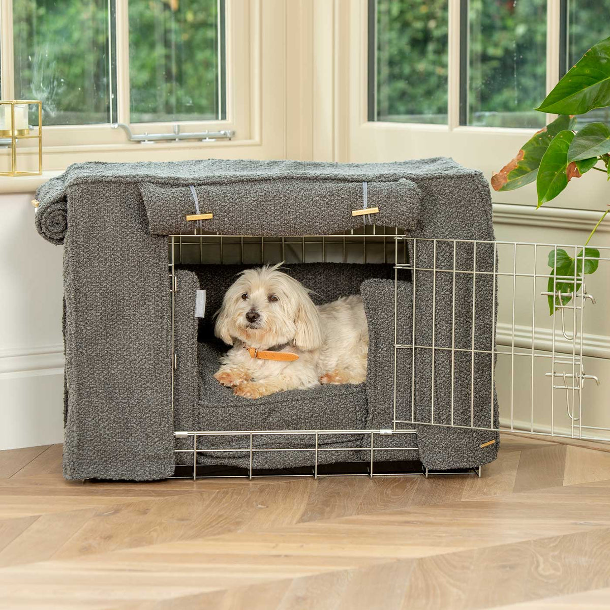 Vollständig gefütterte Hundeboxabdeckung Granit Bouclé Maschinenwaschbar Personalisiert
