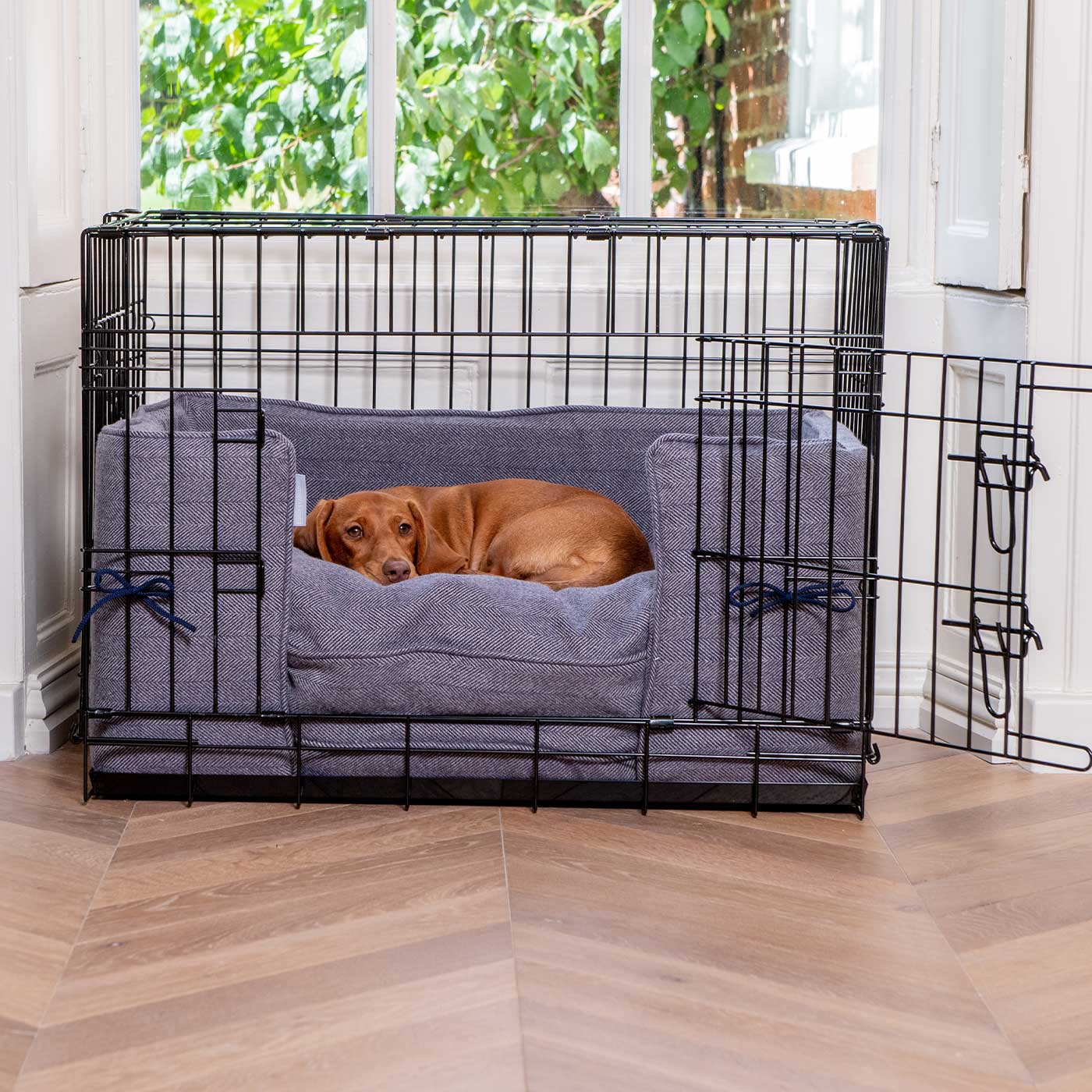 Pare-chocs de cage pour chien fait main en tweed chevrons Oxford lavable en machine