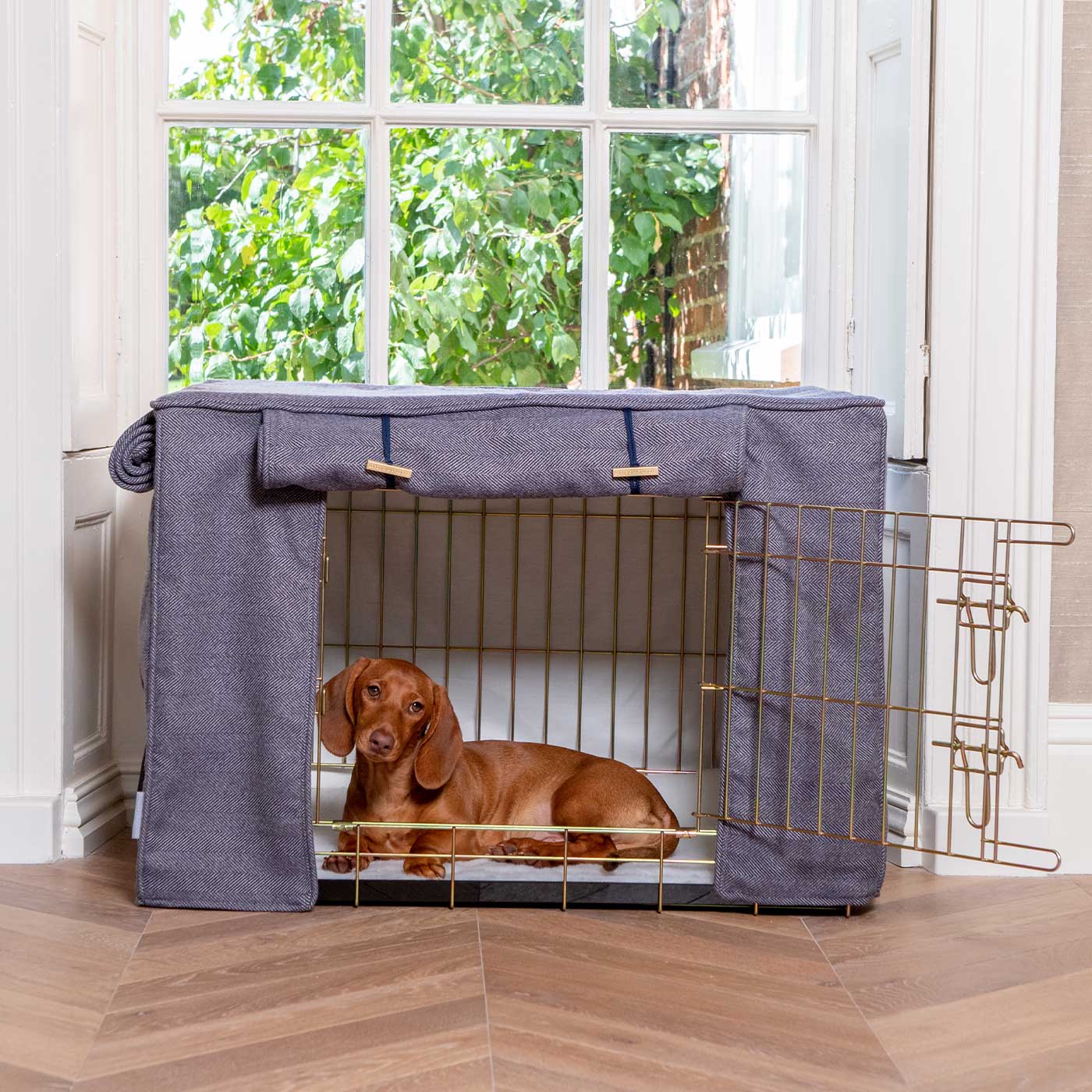 Housse de cage pour chien entièrement doublée, tissu Oxford à chevrons, lavable en machine, personnalisable.