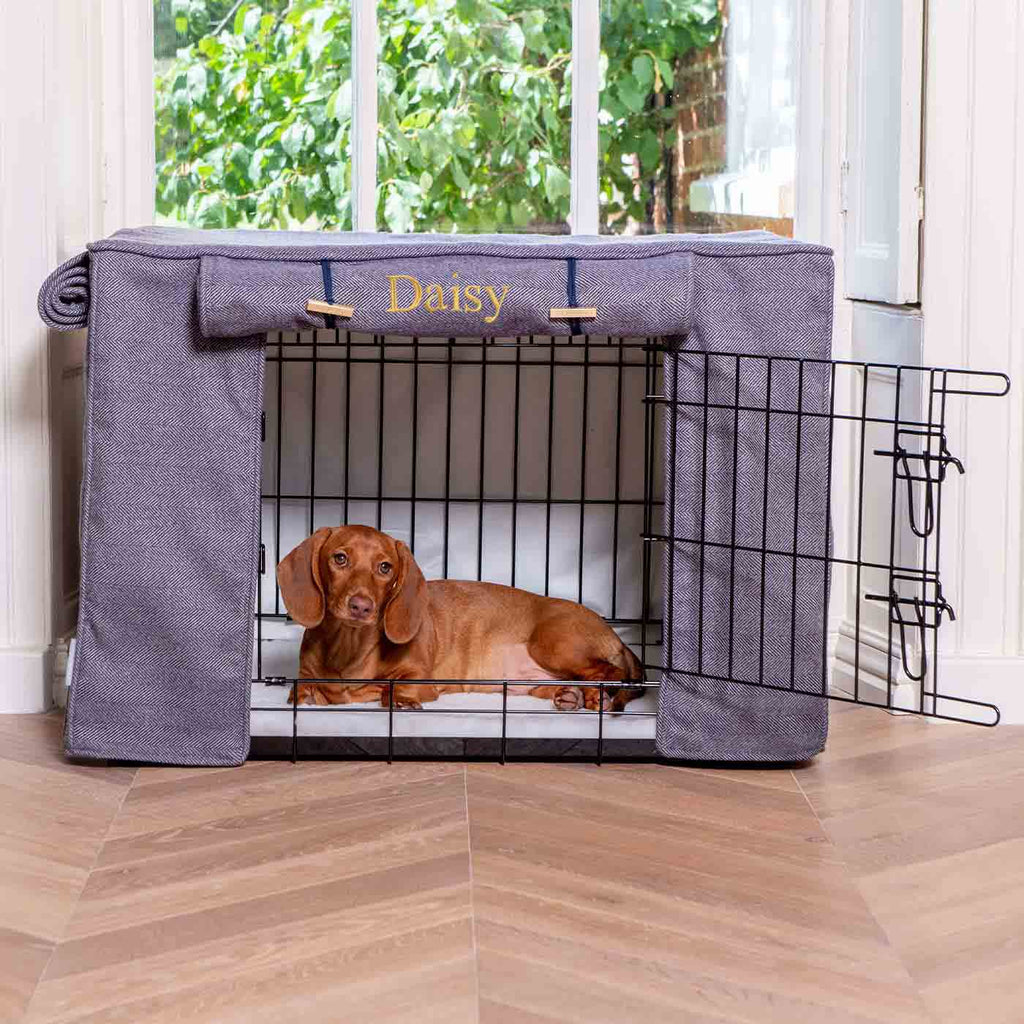 Housse de cage pour chien entièrement doublée, tissu Oxford à chevrons, lavable en machine, personnalisable.