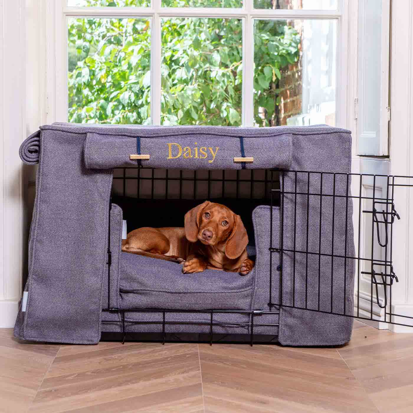 Dog Crate Set Oxford Herringbone Tweed Machine Washable Personalised