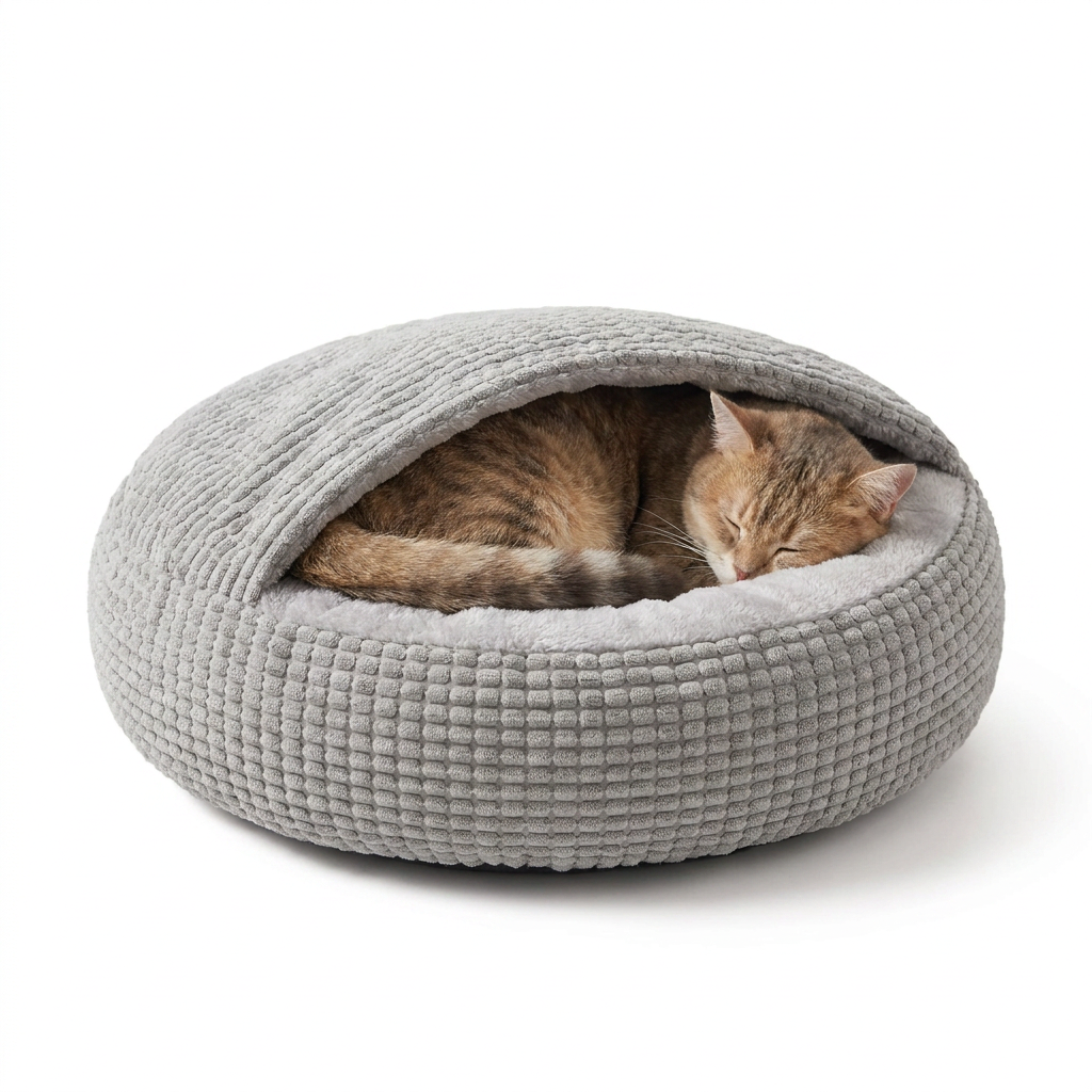 Hooded Donut Cat Bed with cat