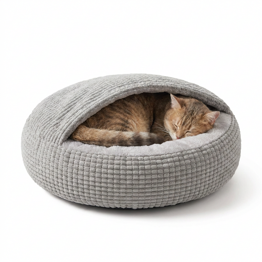 Hooded Donut Cat Bed with cat