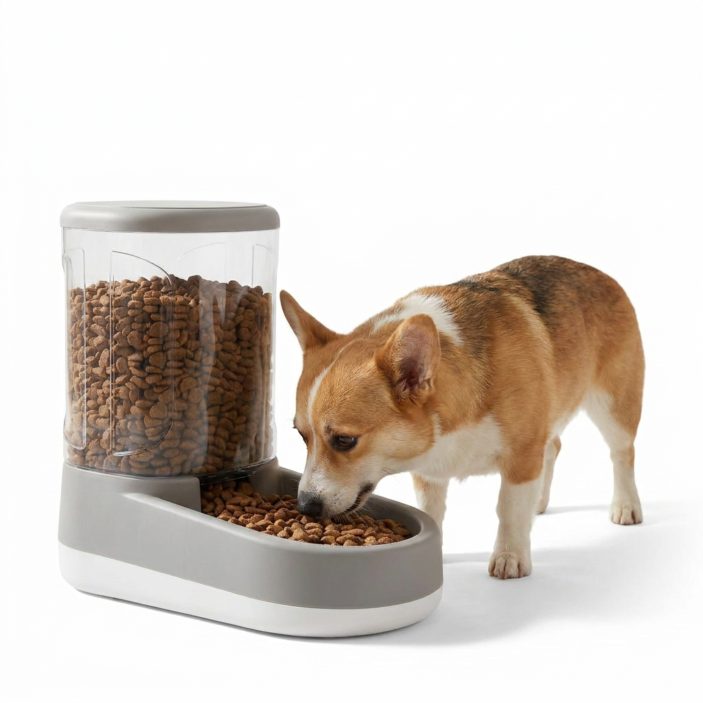 Gravity Fed Pet Food Dispenser with dog