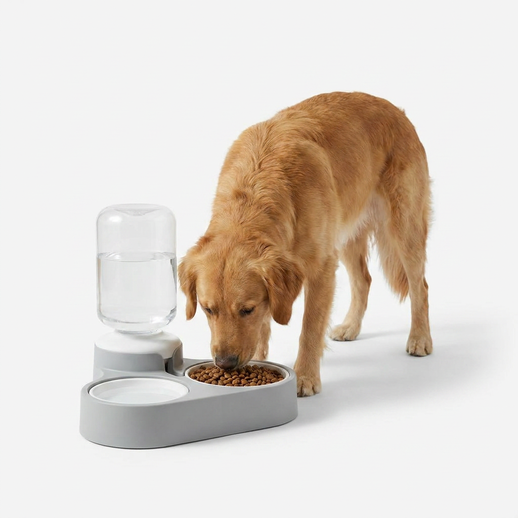 Gravity Fed Food and Water Station with dog