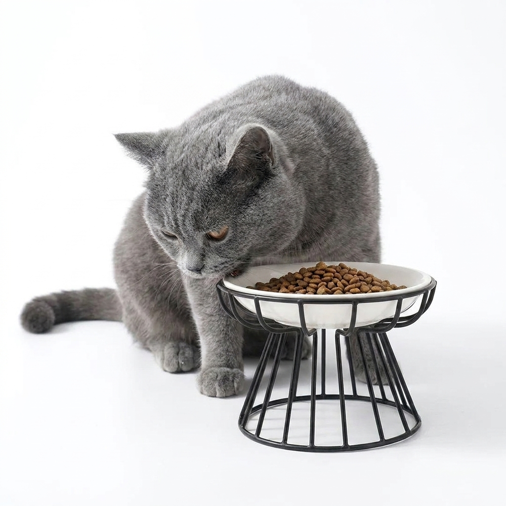Raised Ceramic Cat Feeding Bowl with cat