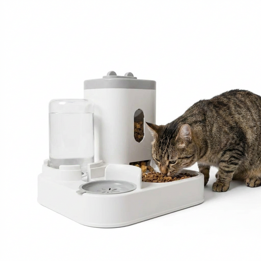 Gravity Fed Pet Feeding Station with cat