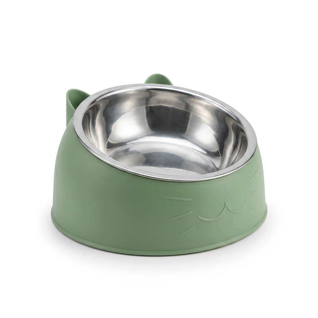 Tilted Stainless Steel Cat Bowl angled view