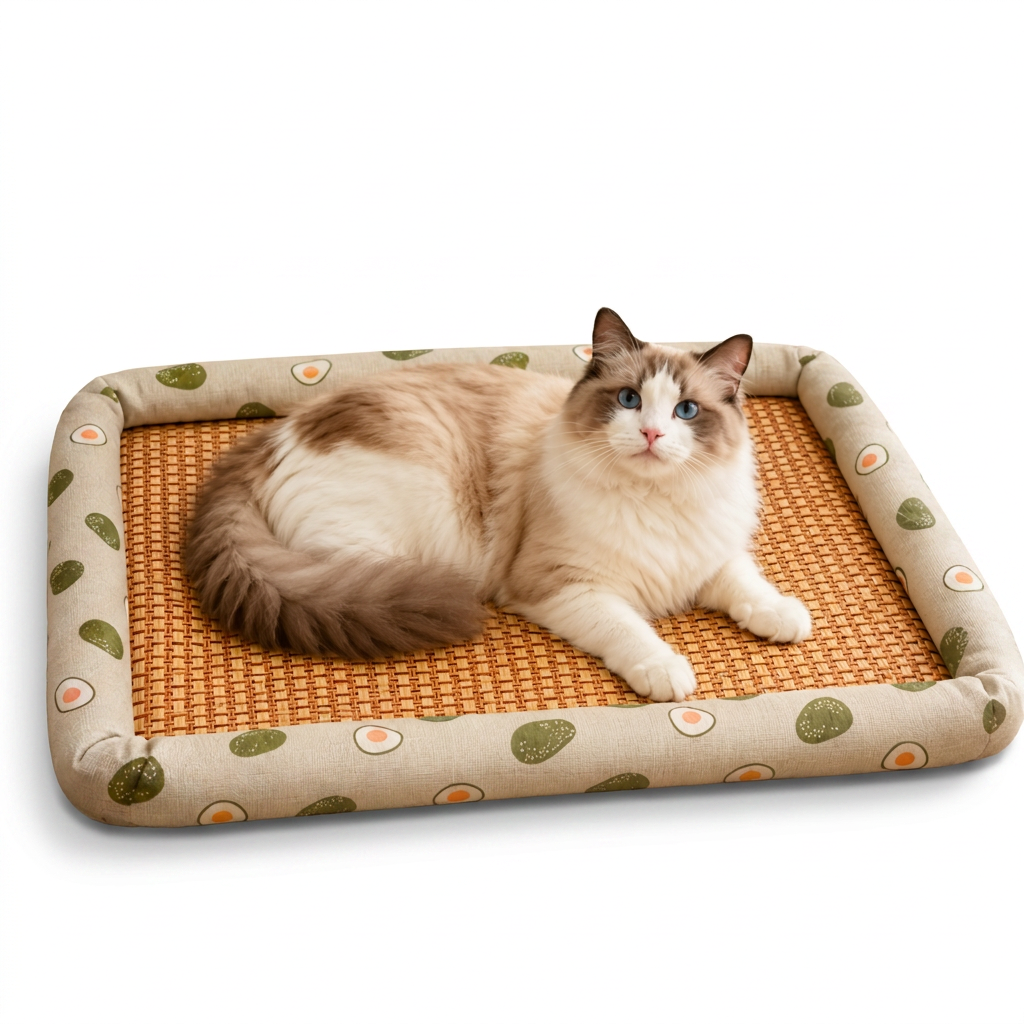 Woven Rattan Cooling Pet Bed with cat