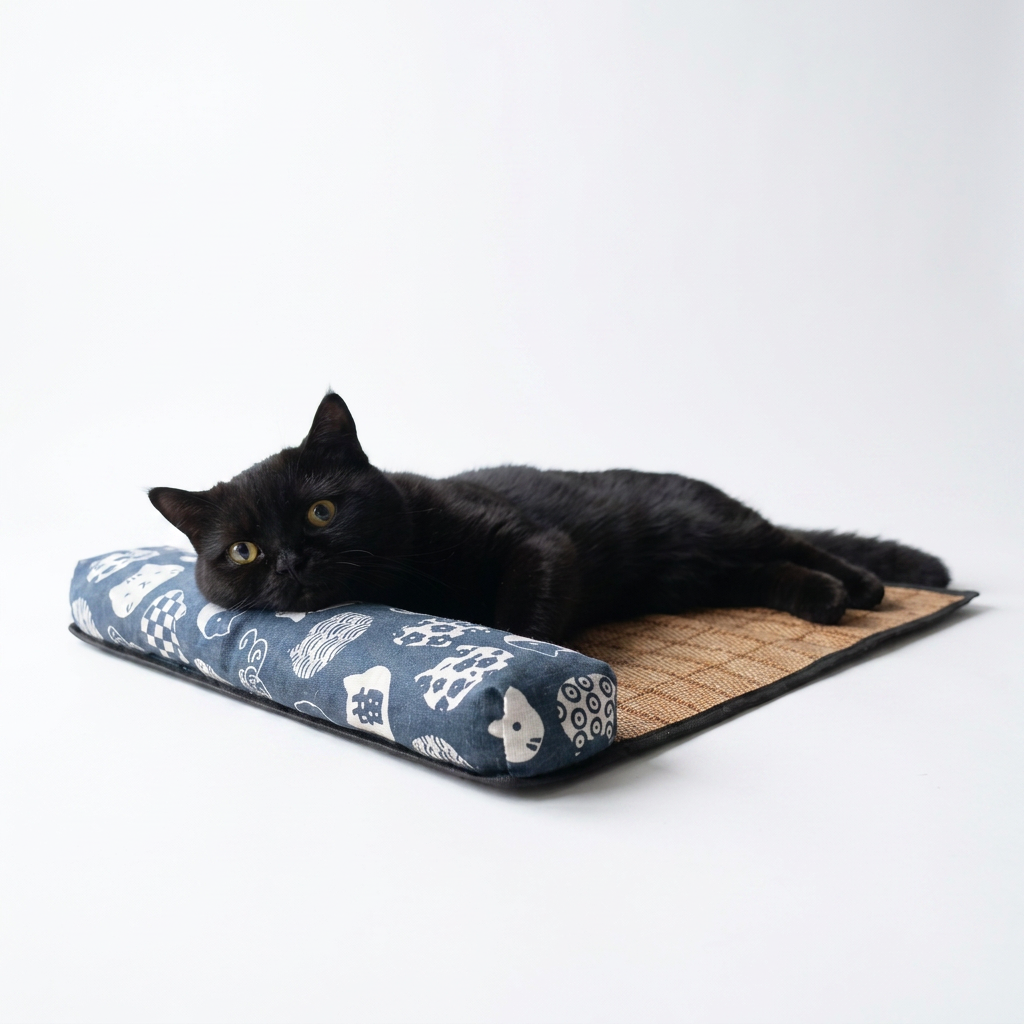 Woven Cooling Mat with Pillow with cat