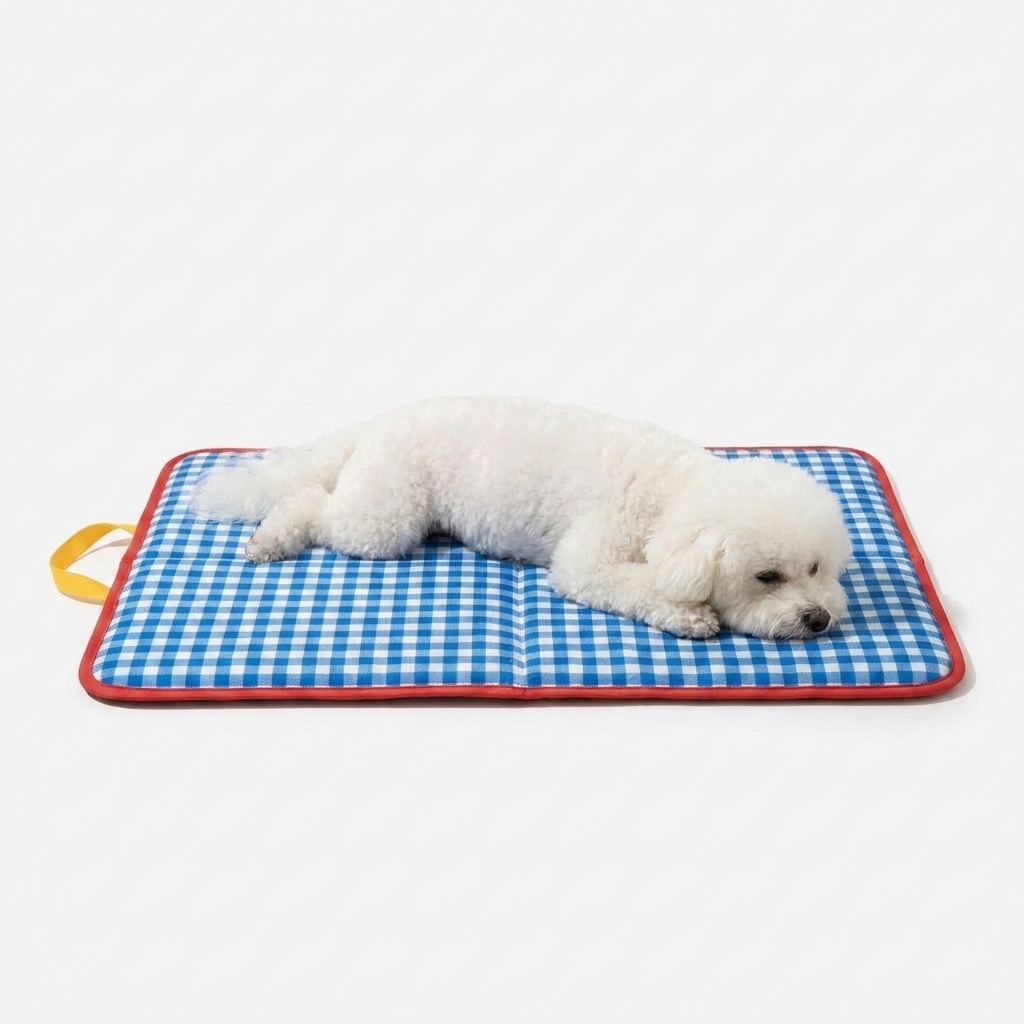 Plaid Cooling Mat with dog