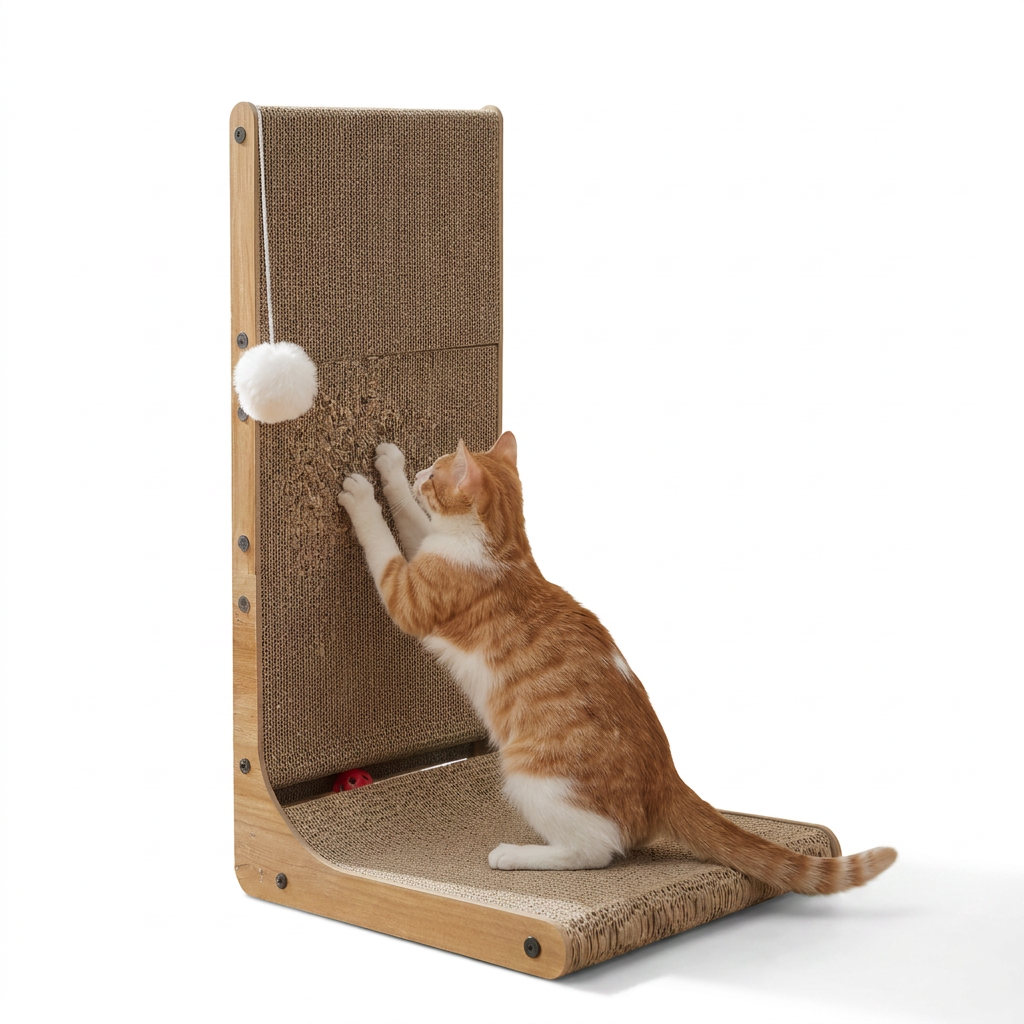 L Shaped Wall Leaning Cat Scratcher with cat