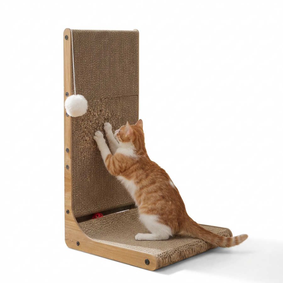 L Shaped Wall Leaning Cat Scratcher with cat
