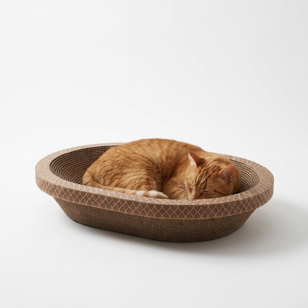 Oval Corrugated Cat Scratcher Bed with cat