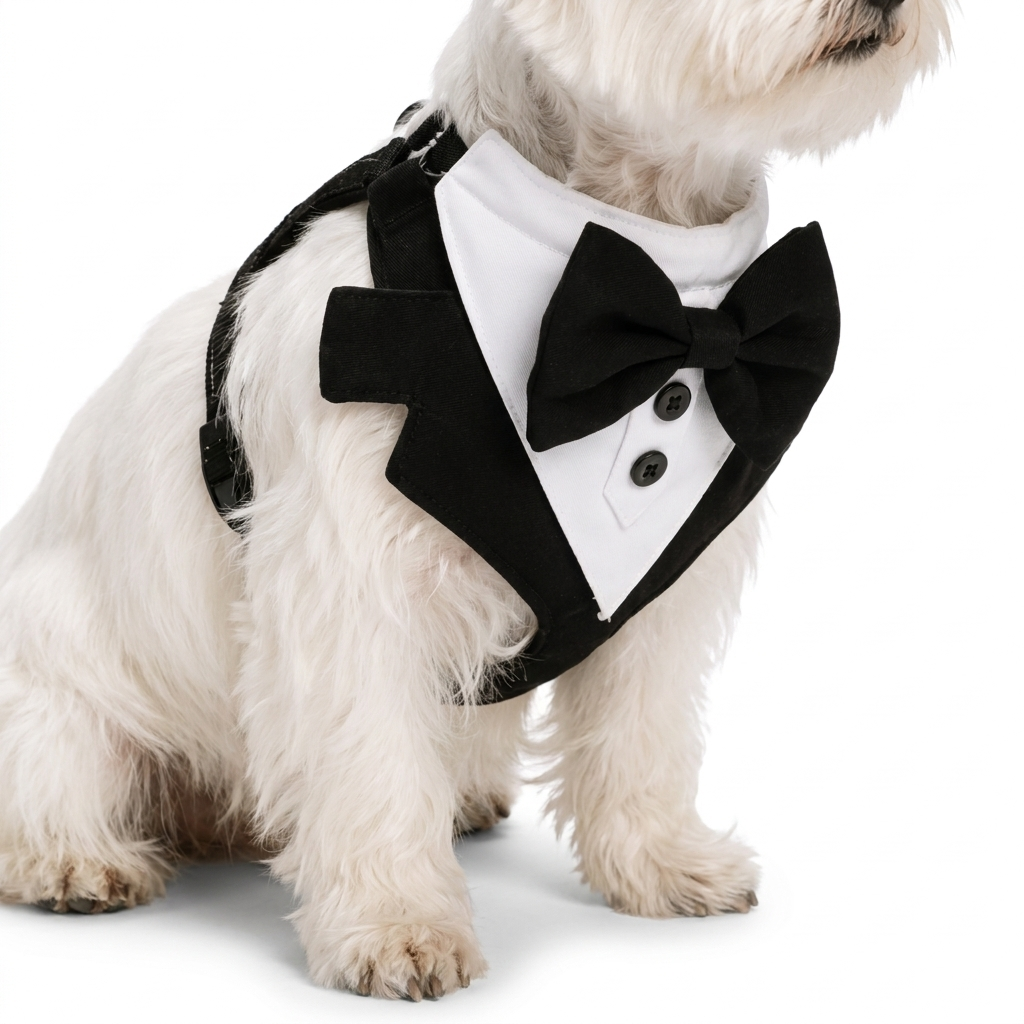 Tuxedo Bow Tie Dog Harness worn by dog