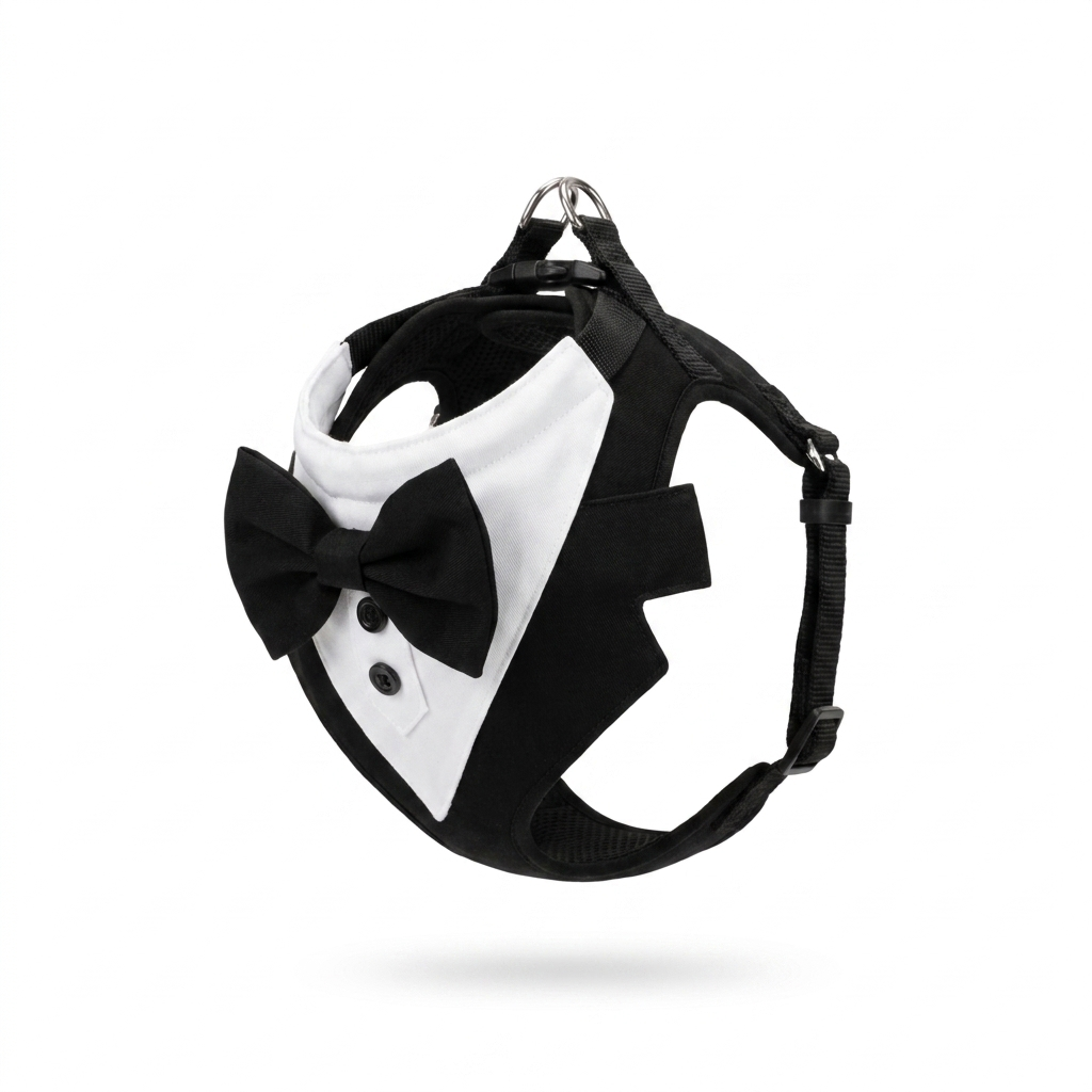 Tuxedo Bow Tie Dog Harness angled view