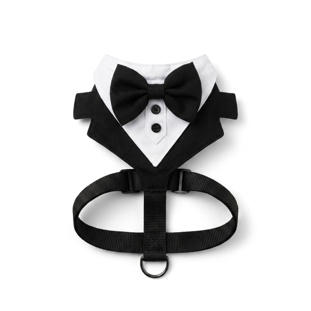 Tuxedo Bow Tie Dog Harness top-down view