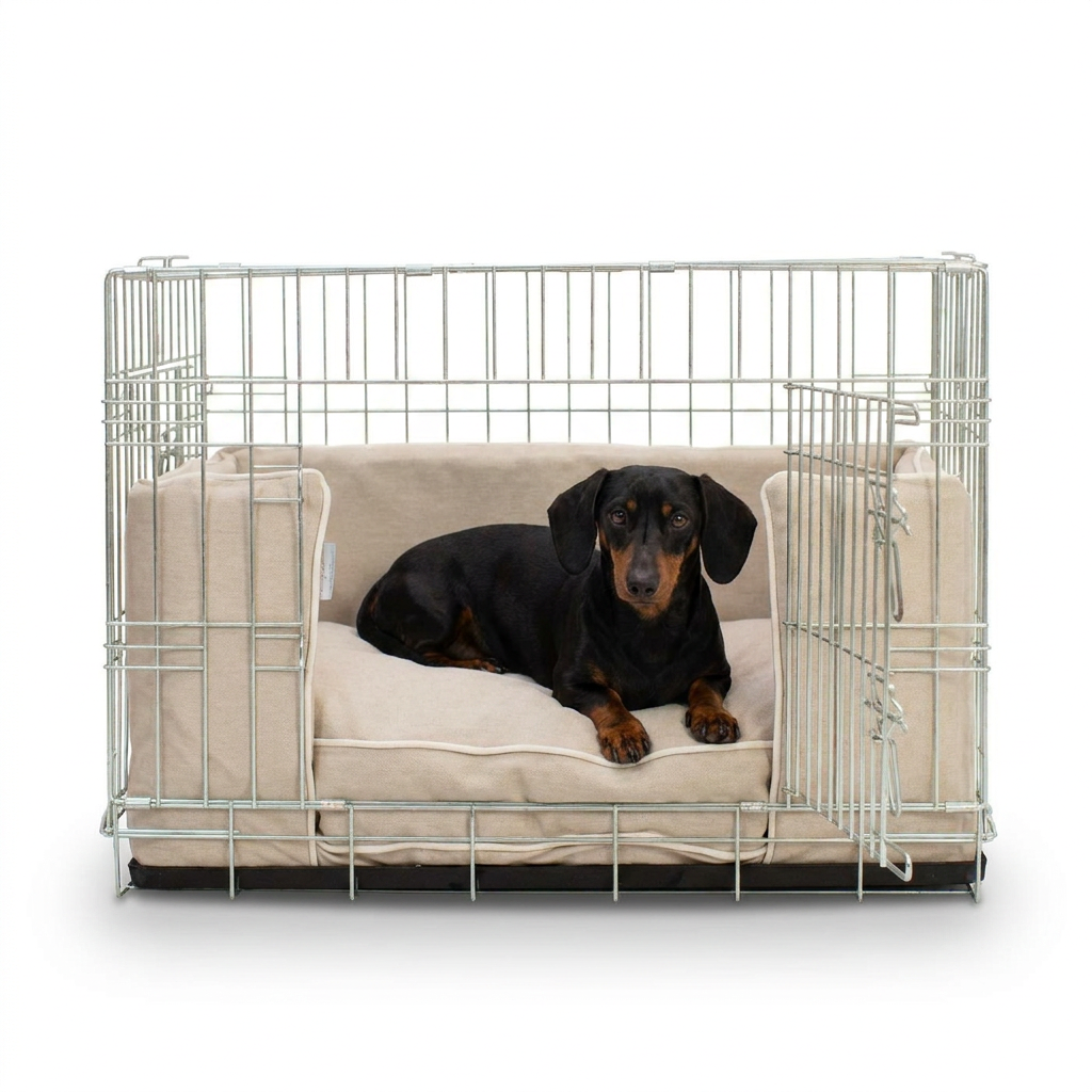 Dog Crate Bumper in Savanna Oatmeal with dog