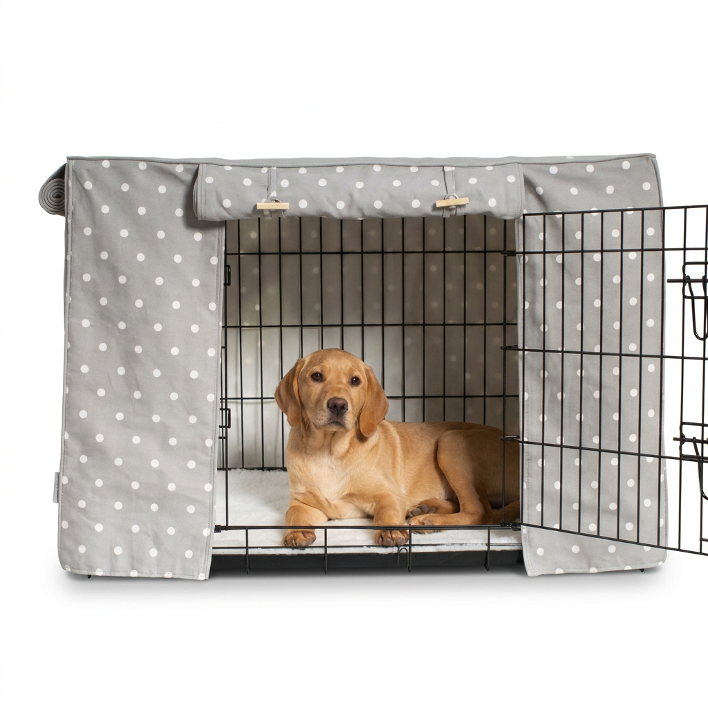Dog Crate Cover in Grey Spot with dog