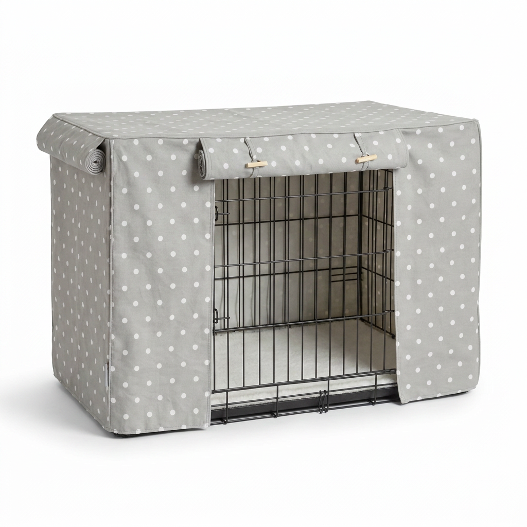 Dog Crate Cover in Grey Spot angled view